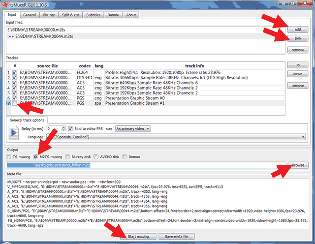 How to extract tracks from Basic Instinct Bluray using tsMuxeR.